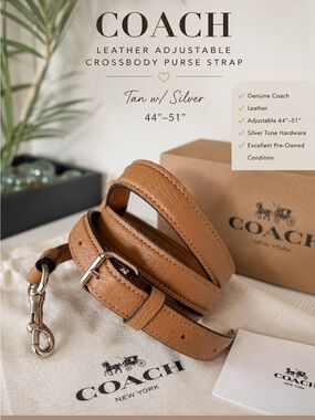 COACH |  Leather Adjustable Crossbody Purse Strap Tan w  Silver | 44"-51” | New